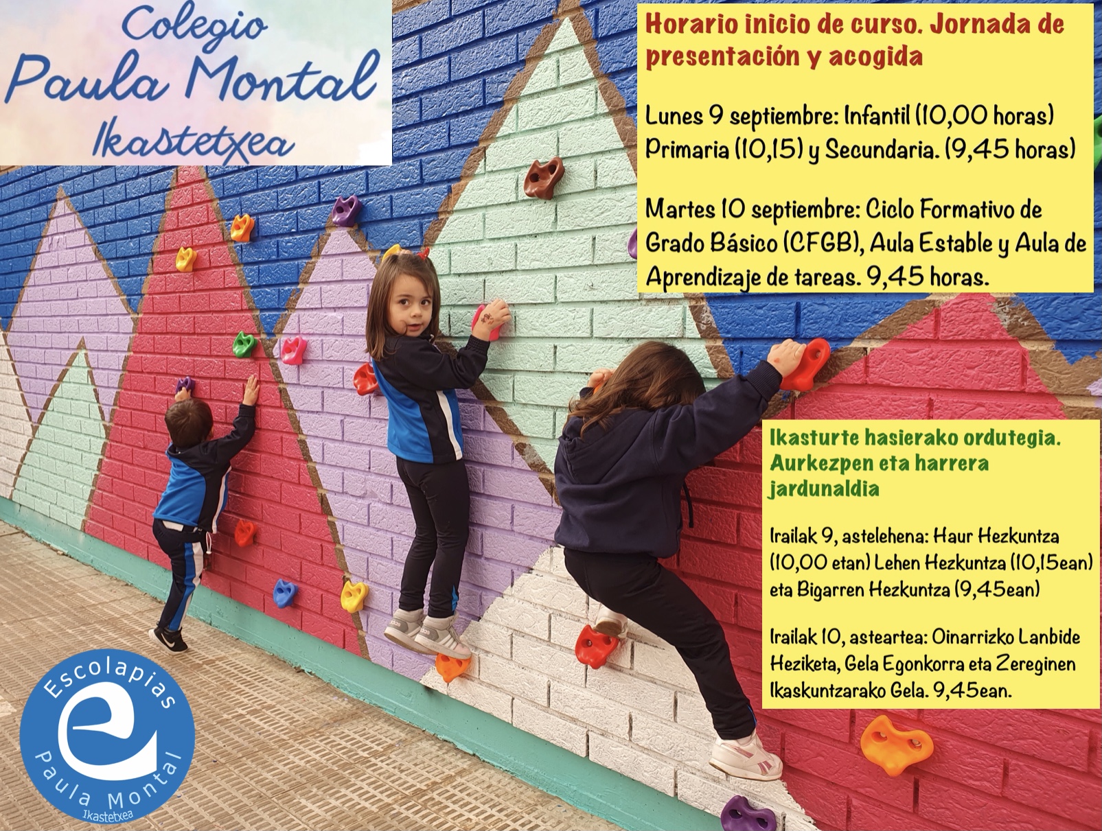 Horario inicio de curso. Jornada de presentación y acogida / Ikasturte hasierako ordutegia. Aurkezpen eta harrera jardunaldia
